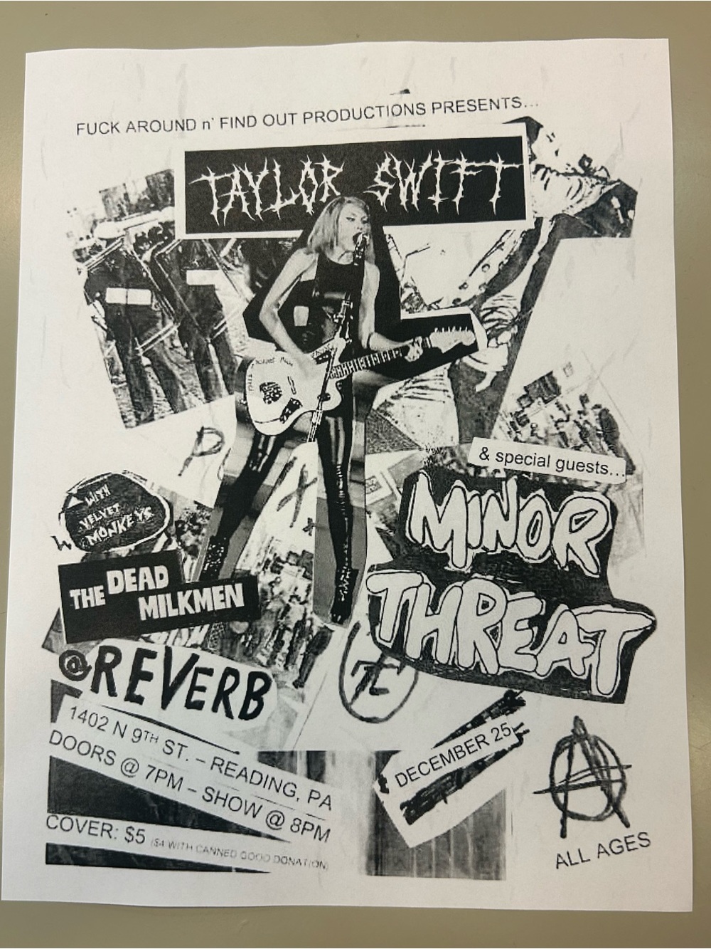 Taylor Swift Concert Flyer Graphic Poster - Black & White punk parody poster